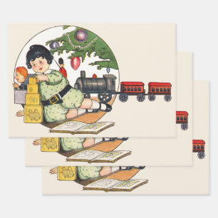 Feuille De Papier Cadeau Noël Vintage, Garçon Heureux Jouant avec des Jouet