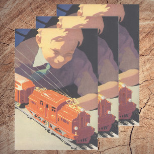 Feuille De Papier Cadeau Noël Vintage, Garçon Jouant avec des Toys Trains