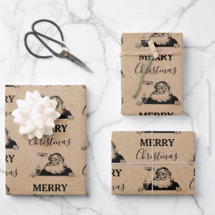 Feuille De Papier Cadeau Noël Vintage noir blanc Kraft Père Noël