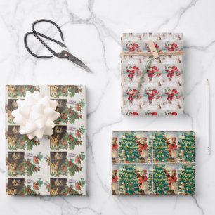 Feuille De Papier Cadeau Noël Vintage père Noël, neige et chats