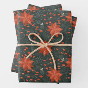 Feuille De Papier Cadeau Noël Vintage Red Green Berries Poinsettia