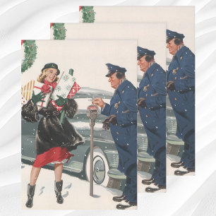 Feuille De Papier Cadeau Noël Vintage, Shopping Présente Policeman