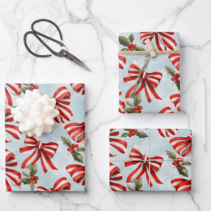 Feuille De Papier Cadeau Nœuds rayés rouge et blanc Noël Holly