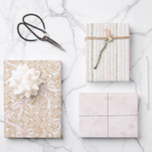 Feuille De Papier Cadeau Nœuds Rose Pâle Tissage Panier Faux Anniversaire