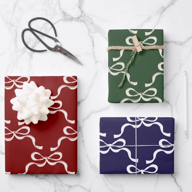 Feuille De Papier Cadeau Nœuds rouges, verts et bleus de Noël simples (Recto)