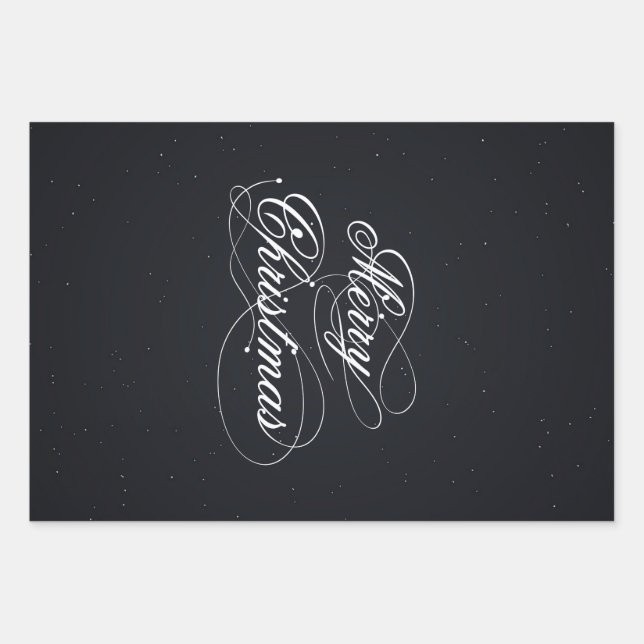 Feuille De Papier Cadeau Noir avec étincelles blanches Joyeux Noël (Devant)