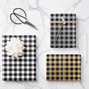 Feuille De Papier Cadeau Noir blanc argenté or Plaid