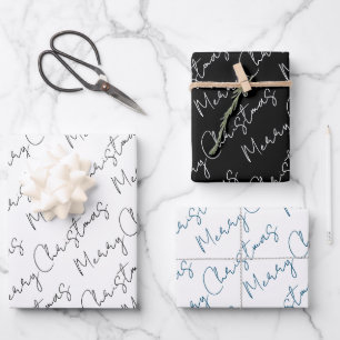 Feuille De Papier Cadeau Noir, blanc, bleu typographie Noël