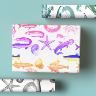 Feuille De Papier Cadeau Noir & Blanc, Bleu Vert & Rainbow Sea Créatures