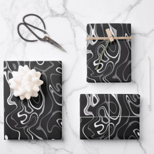 Feuille De Papier Cadeau Noir blanc damas abstraits tourbillons cool motif
