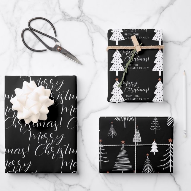 Feuille De Papier Cadeau Noir Blanc Joyeux Arbre de Noël Nom Enveloppement (Recto)