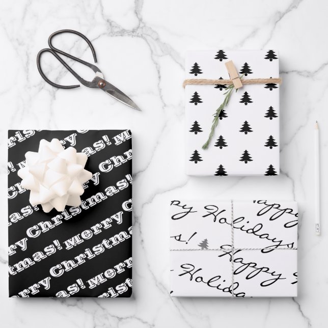 Feuille De Papier Cadeau Noir Blanc Joyeux Noël Joyeux Joyeux Fêtes (Recto)