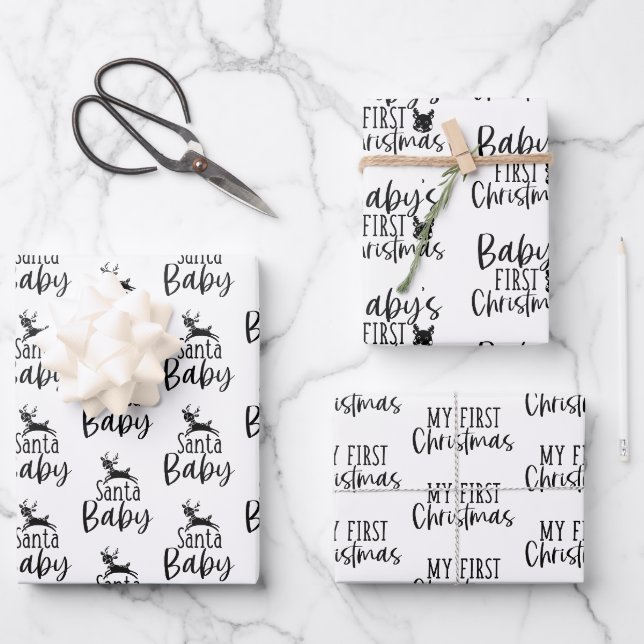 Feuille De Papier Cadeau Noir & Blanc moderne bébé Premier cadeau de Noël (Recto)