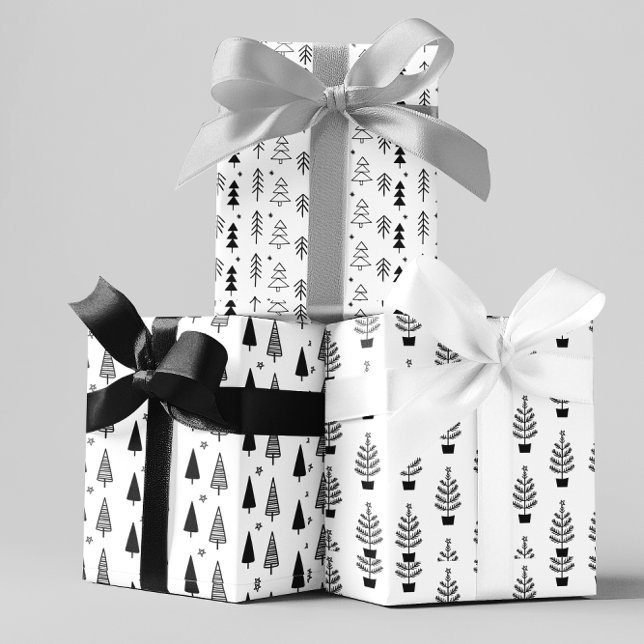 Feuille De Papier Cadeau Noir Blanc Monochrome Arbres de Noël Minimal (Créateur téléchargé)