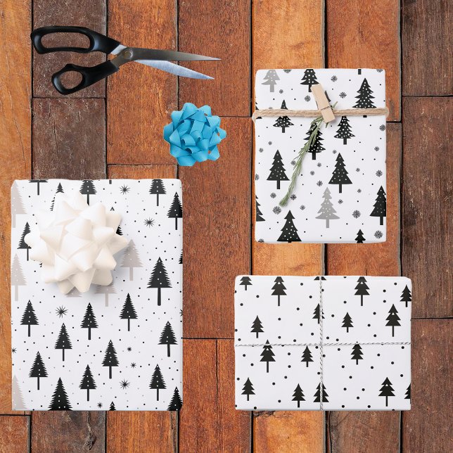 Feuille De Papier Cadeau Noir Blanc Monochrome Arbres de Noël Minimal (Créateur téléchargé)