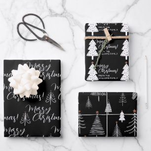 Feuille De Papier Cadeau Noir blanc Script Joyeux sapin de Noël Nom