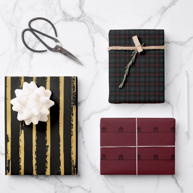 Feuille De Papier Cadeau Noir de Noël Moody, Crimson, Plaid, Noir (Recto)
