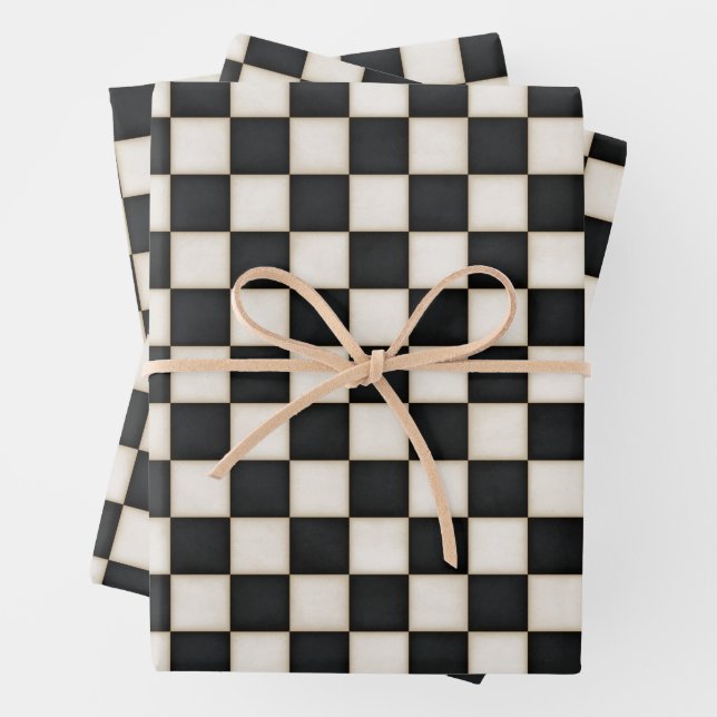 Feuille De Papier Cadeau Noir et blanc à carreaux Antique (En situation)