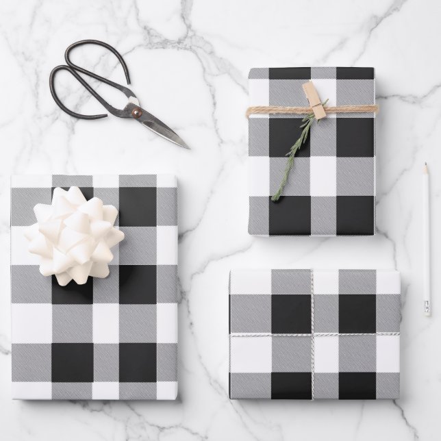 Feuille De Papier Cadeau Noir et blanc Buffalo Plaid Noël (Recto)