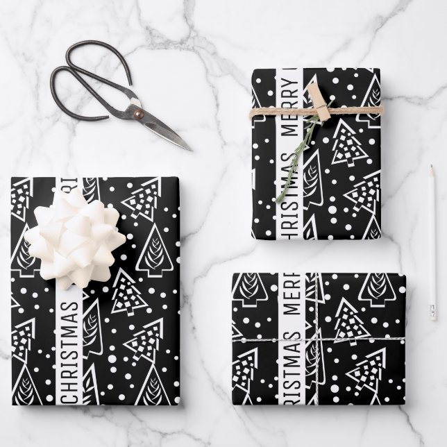 Feuille De Papier Cadeau Noir et blanc Joyeux Noël arbres vacances (Recto)
