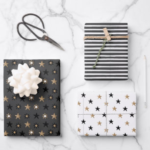 Feuille De Papier Cadeau Noir et or Scandinavie étoiles et rayures Noël