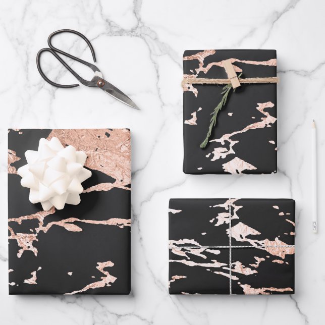 Feuille De Papier Cadeau Noir et Rose Gold Aspect Marbre (Recto)