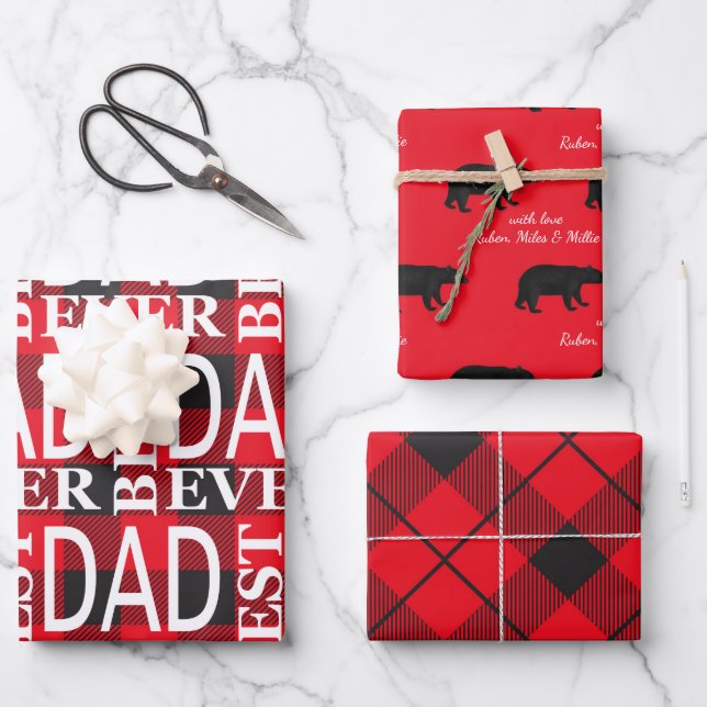 Feuille De Papier Cadeau Noir et rouge Lumberjack Meilleur papa jamais mis (Recto)
