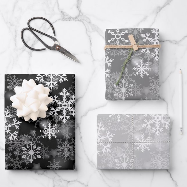 Feuille De Papier Cadeau Noir gris blanc Monochrome flocon de neige Noël (Recto)