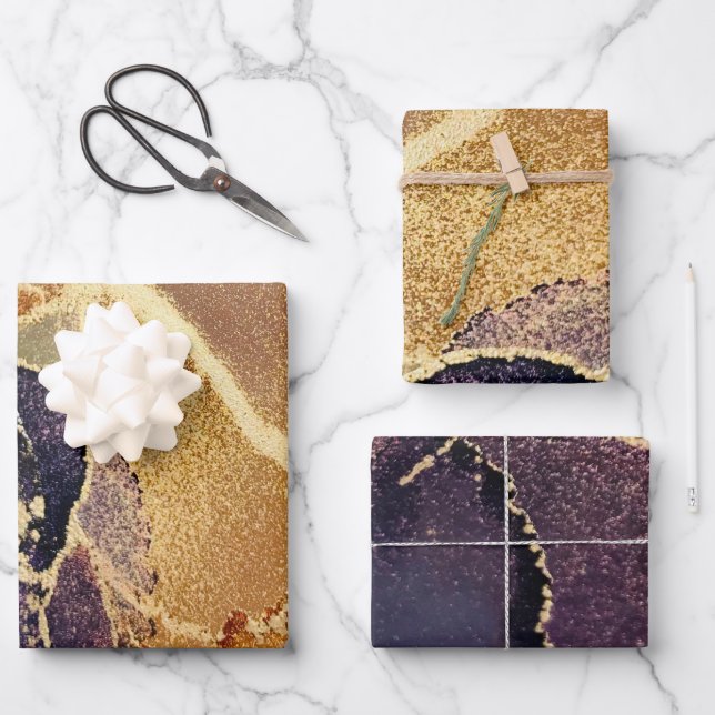 Feuille De Papier Cadeau Noir Moody Gold Purple Abstrait (Recto)