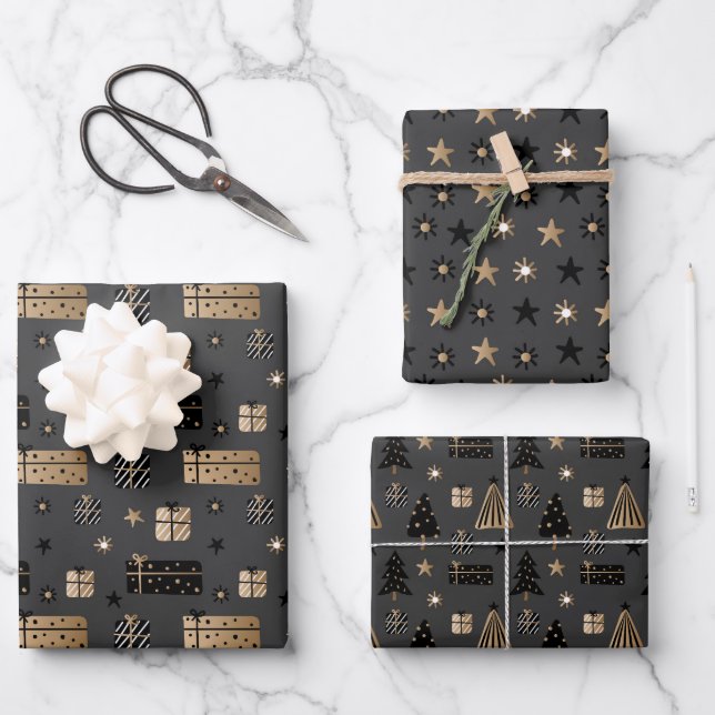 Feuille De Papier Cadeau Noir or scandinave Noël noir (Recto)