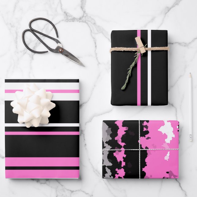 Feuille De Papier Cadeau noir rose et blanc (Recto)