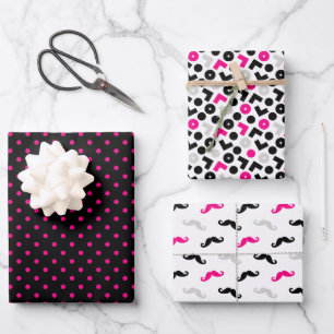 Feuille De Papier Cadeau Noir Rose Géométrie Points de Polka Moustache
