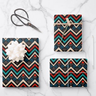 Feuille De Papier Cadeau Noir Rouge Turquoise Beige Aztèque Motif