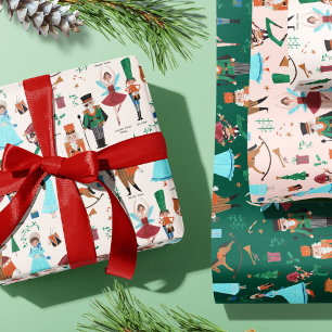 Feuille De Papier Cadeau Noisette de Noël ballet vert rose écru