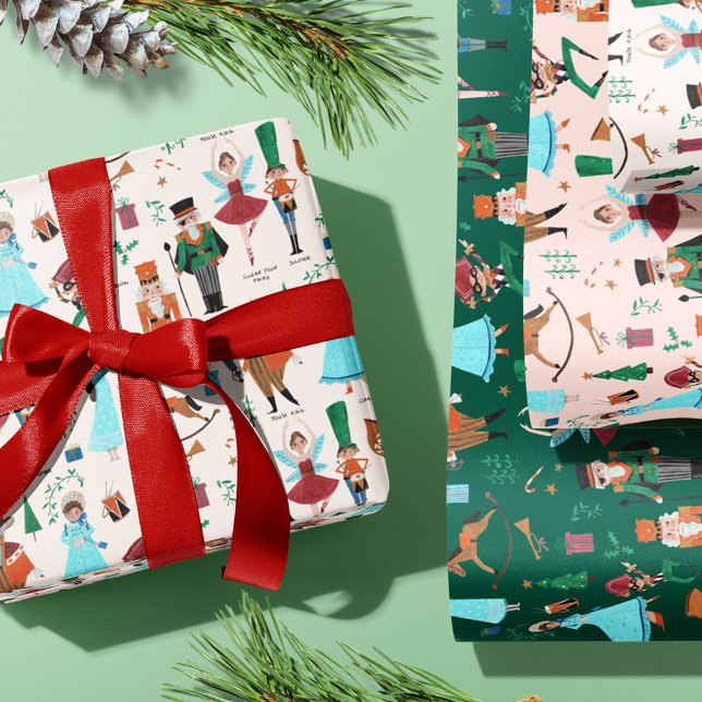 Feuille De Papier Cadeau Noisette de Noël ballet vert rose écru (Traditional Classic Christmas Nutcracker Wrapping paper Illustration.)