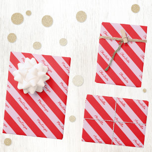 Feuille De Papier Cadeau Nom de script personnalisé Red Pink Candy Stripe