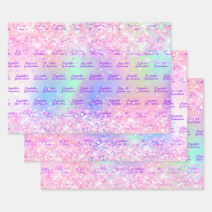 Feuille De Papier Cadeau Nom holographique rose Quinceanera