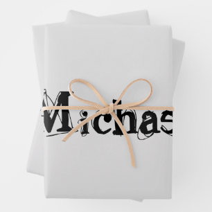 Feuille De Papier Cadeau Nom monogramme moderne minimaliste noir gris