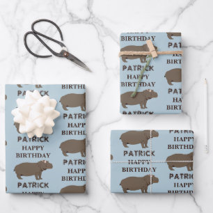 Feuille De Papier Cadeau Nom personnalisé Anniversaire Hippopotame Hippo