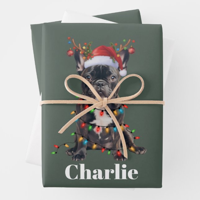 Feuille De Papier Cadeau Nom personnalisé Chien de taule français de Noël (En situation)