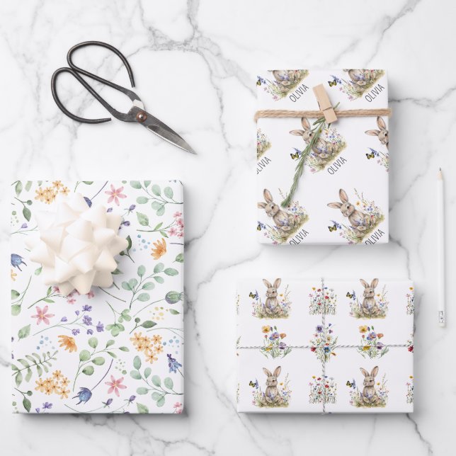Feuille De Papier Cadeau Nom personnalisé du fleur sauvage Bunny (Recto)