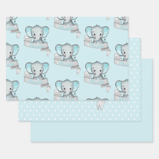 Feuille De Papier Cadeau Nom personnalisé Elephant Baby Boy Blue Grey (Lot)