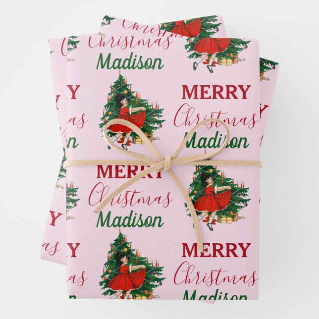 Feuille De Papier Cadeau Nom personnalisé Rétro Noël Fille Noël Arbre rose (En situation)