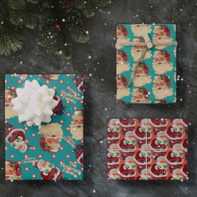 Feuille De Papier Cadeau Nom personnalisé Retro Santa Claus Christmas Trio  (Créateur téléchargé)