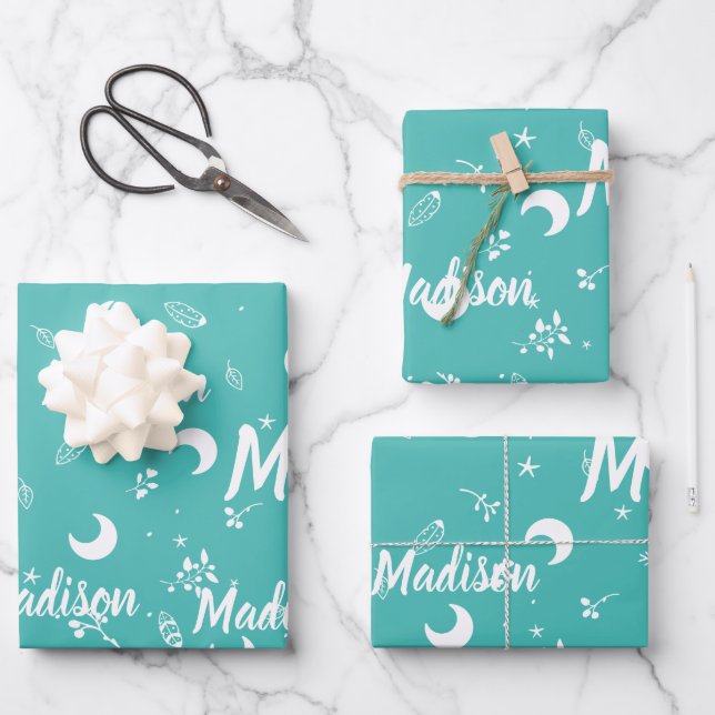 Feuille De Papier Cadeau Nom personnalisé Vibrant Turquoise Blue Girl (Recto)