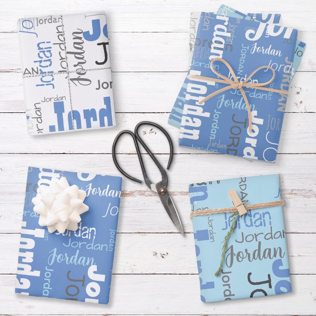 Feuille De Papier Cadeau Nom répété Cornflower Blue White Grey (Set includes three sheets - one of each color.)