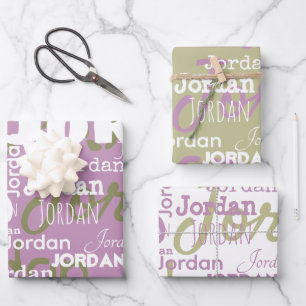 Feuille De Papier Cadeau Nom répété Lilac Sage Vert Blanc Moderne