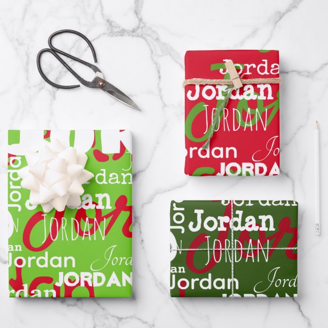 Feuille De Papier Cadeau Nom répété Motif Rouge Vert Blanc Noël (Recto)