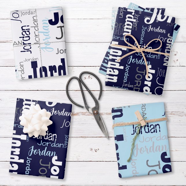 Feuille De Papier Cadeau Nom répétitif Marine bleu blanc gris (Set includes three sheets - one of each color.)