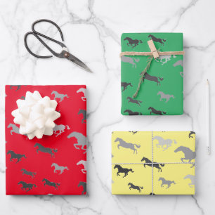 Feuille De Papier Cadeau Nombreux Chevaux noirs blancs Gris Enveloppant des